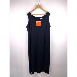 A.K.C Dress Womens 1X Black Sleeveless Embroidered Linen Maxi Shift Dress Modest